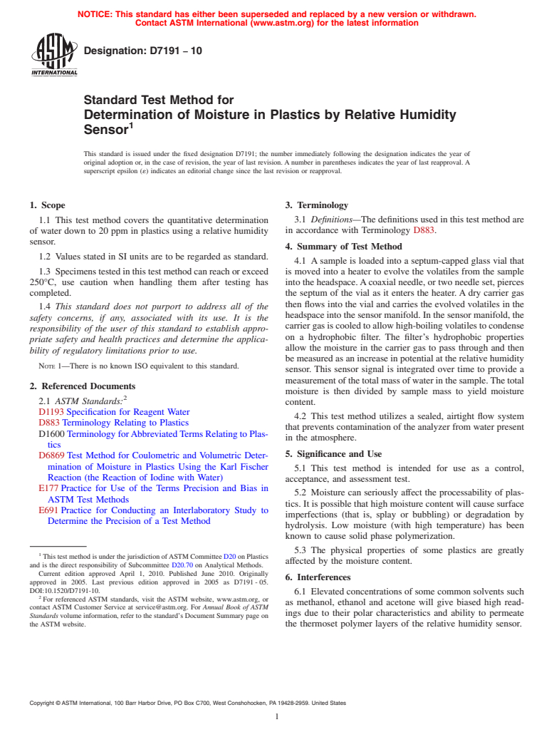 ASTM D7191-10 - Standard Test Method for Determination of Moisture in Plastics by Relative Humidity Sensor