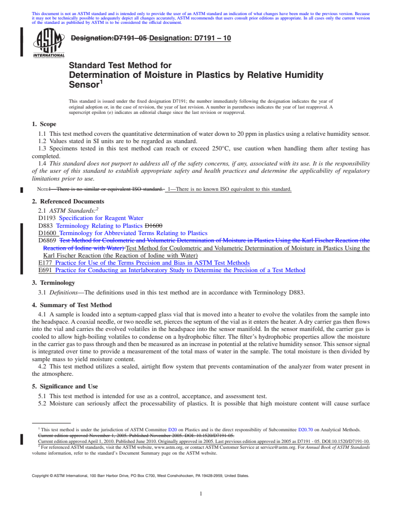 REDLINE ASTM D7191-10 - Standard Test Method for Determination of Moisture in Plastics by Relative Humidity Sensor