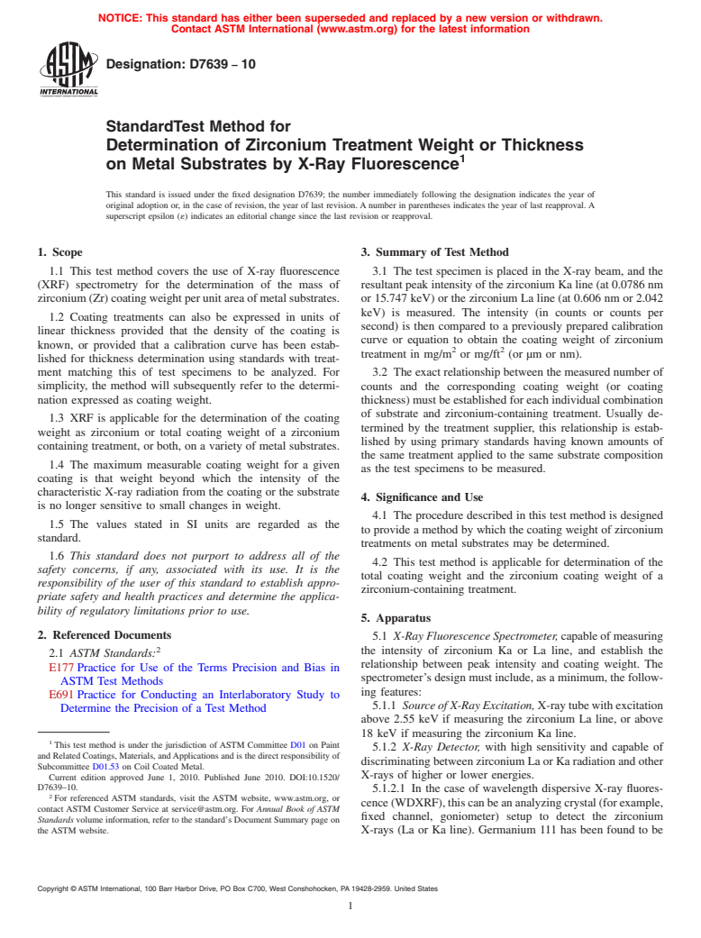 ASTM D7639-10 - Standard Test Method for Determination of Zirconium Treatment Weight or Thickness on Metal Substrates by X-Ray Fluorescence