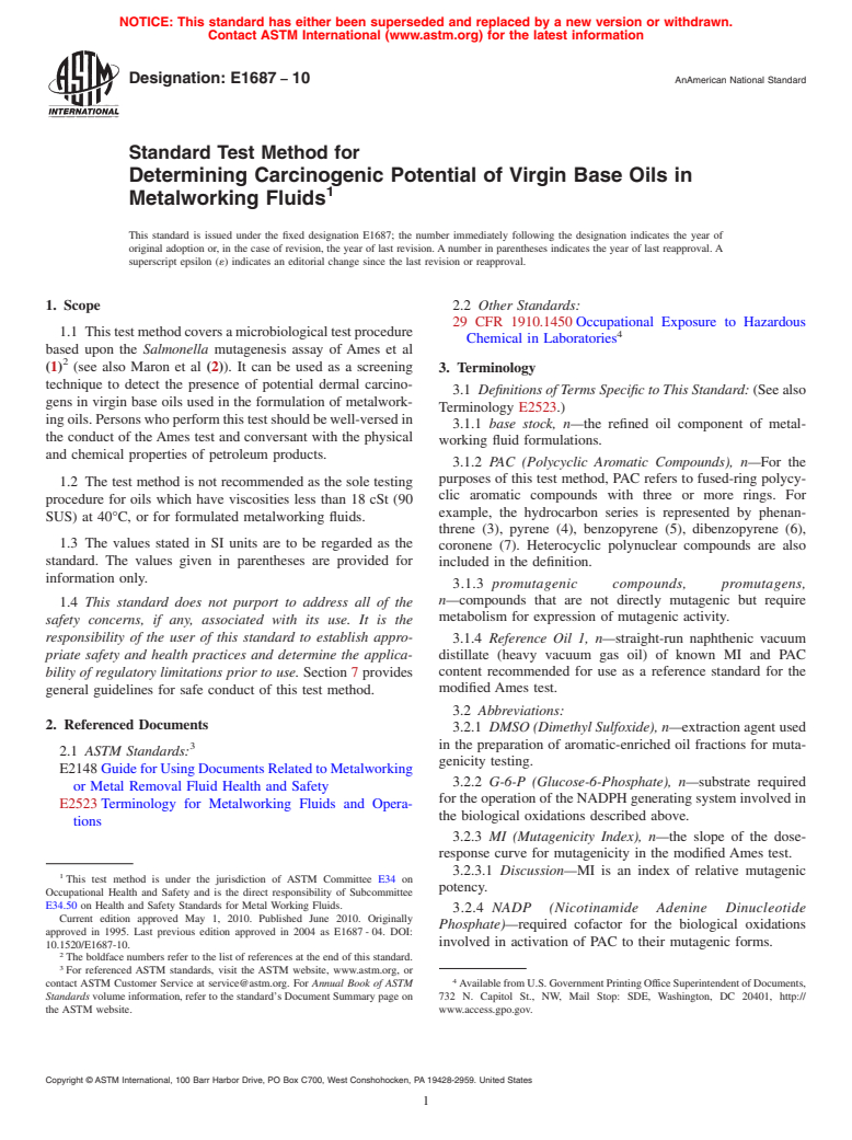 ASTM E1687-10 - Standard Test Method for Determining Carcinogenic Potential of Virgin Base Oils in Metalworking Fluids