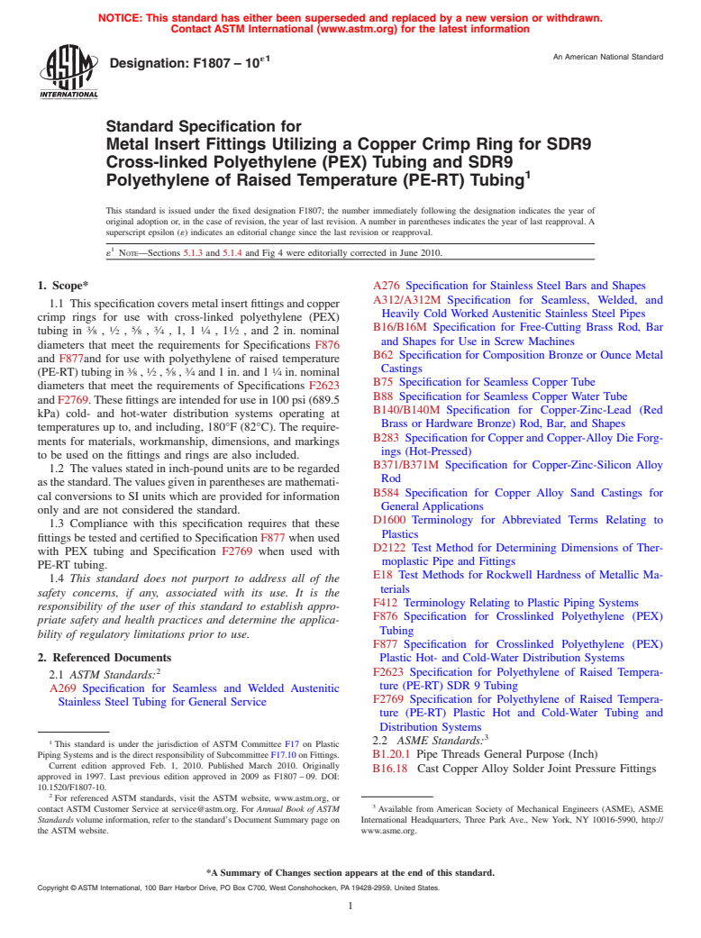 ASTM F1807-10e1 - Standard Specification for  Metal Insert Fittings Utilizing a Copper Crimp Ring for SDR9 Cross-linked Polyethylene (PEX) Tubing and SDR9 Polyethylene of Raised Temperature (PE-RT) Tubing