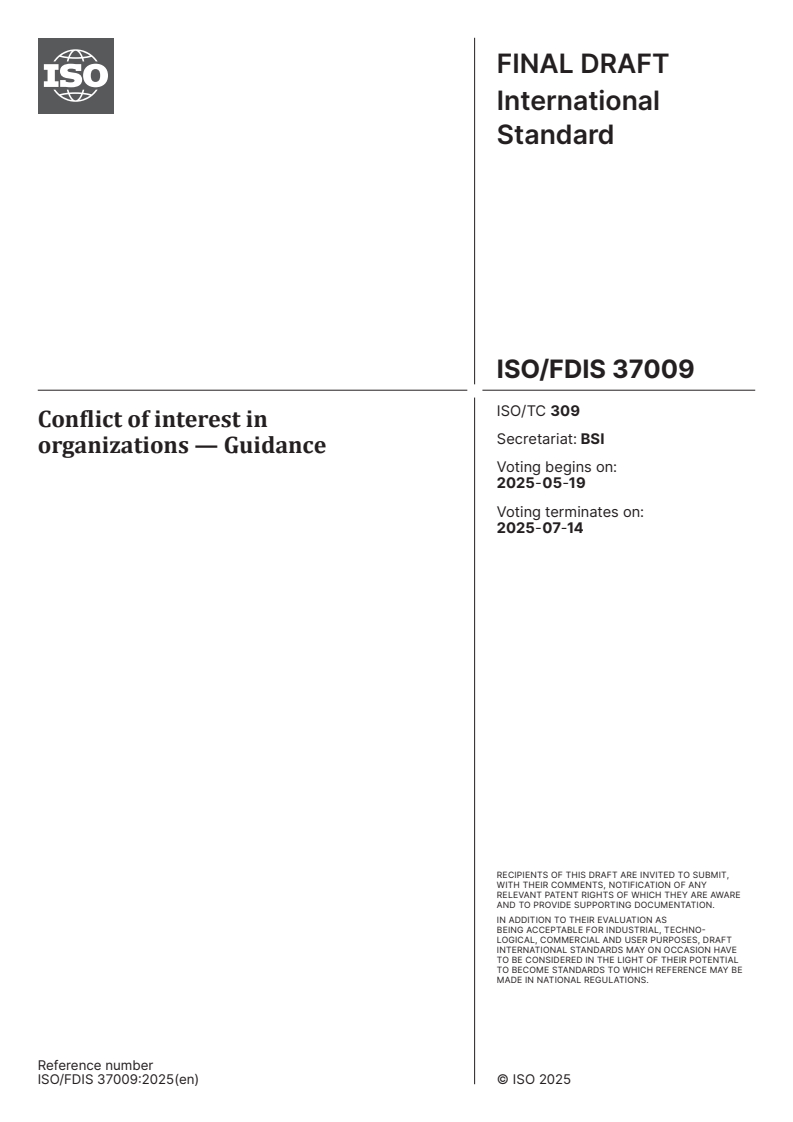 ISO/FDIS 37009 - Conflict of interest in organizations — Guidance
Released:5. 05. 2025
