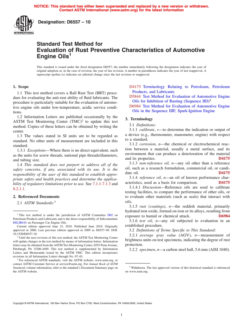 ASTM D6557-10 - Standard Test Method for Evaluation of Rust Preventive Characteristics of Automotive Engine Oils