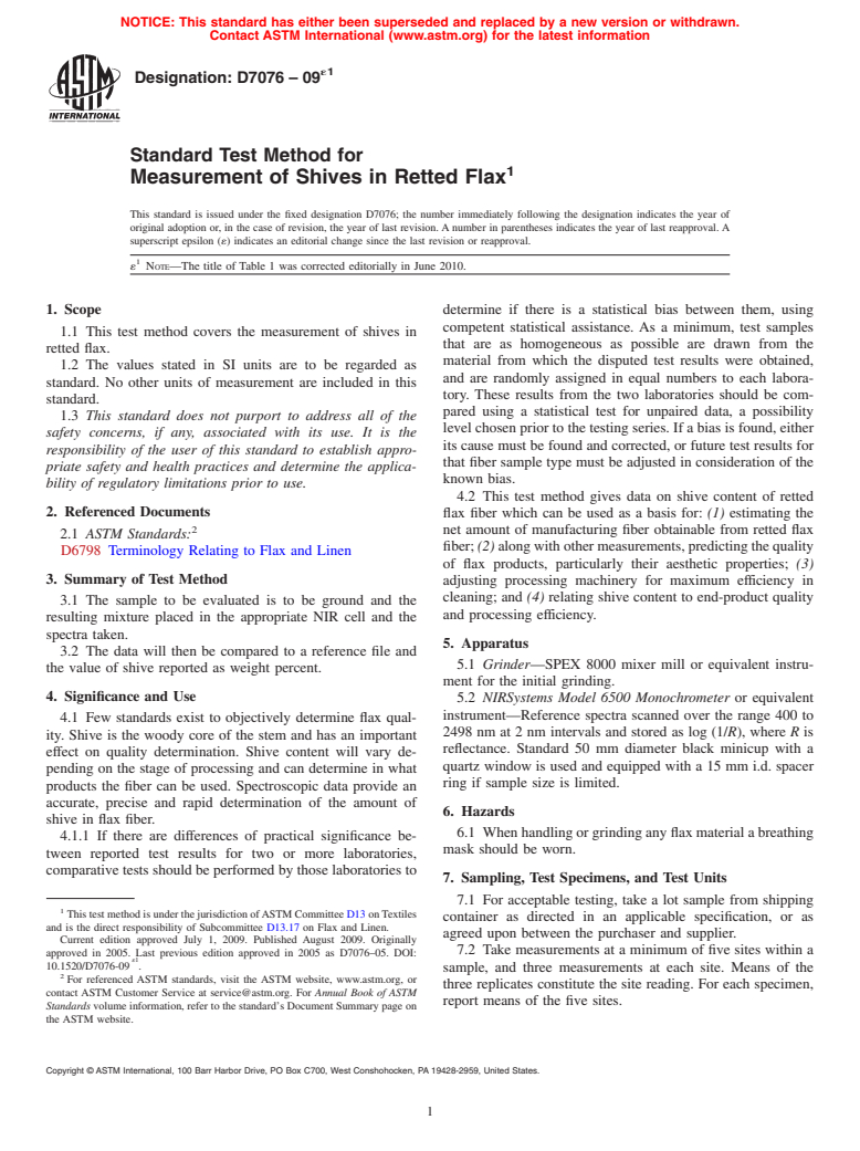 ASTM D7076-09e1 - Standard Test Method for Measurement of Shives in Retted Flax