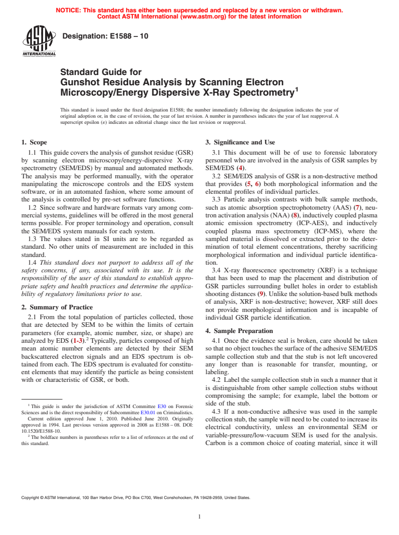 ASTM E1588-10 - Standard Guide for  Gunshot Residue Analysis by Scanning Electron Microscopy/ Energy Dispersive X-ray Spectrometry