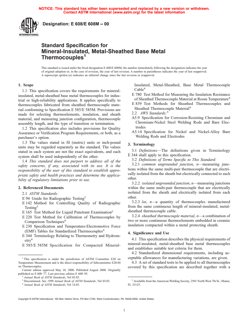 ASTM E608/E608M-00 - Standard Specification for Mineral-Insulated, Metal-Sheathed Base-Metal Thermocouples