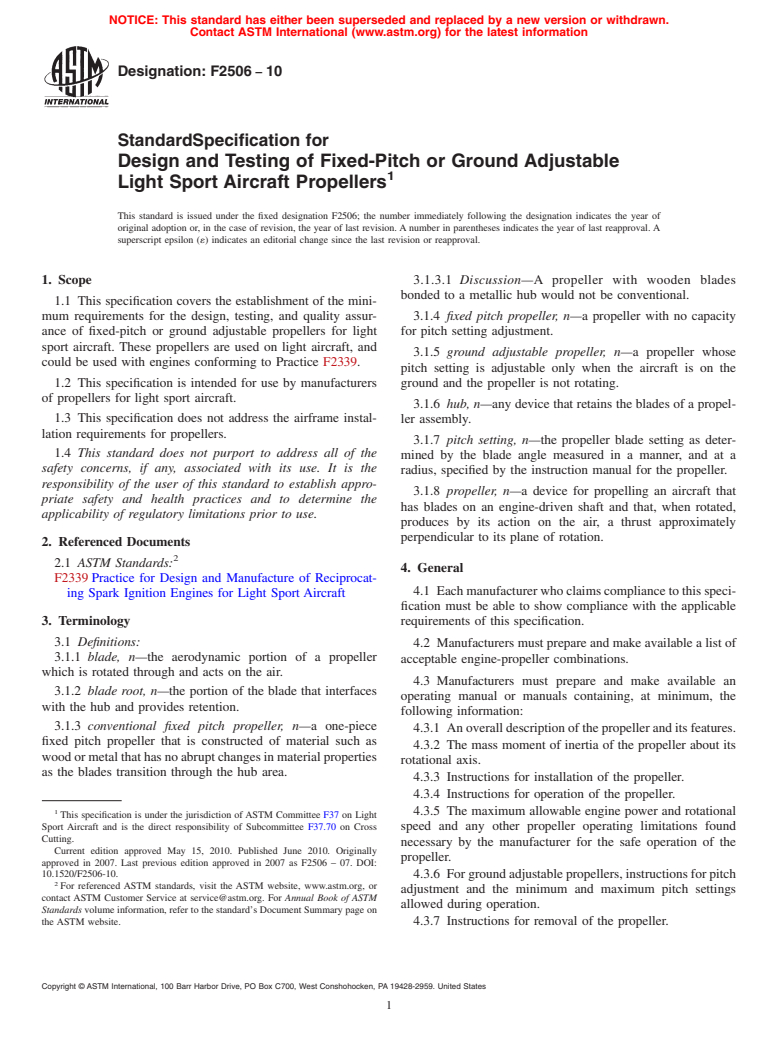 ASTM F2506-10 - Standard Specification for Design and Testing of Fixed-Pitch or Ground Adjustable Light Sport Aircraft Propellers