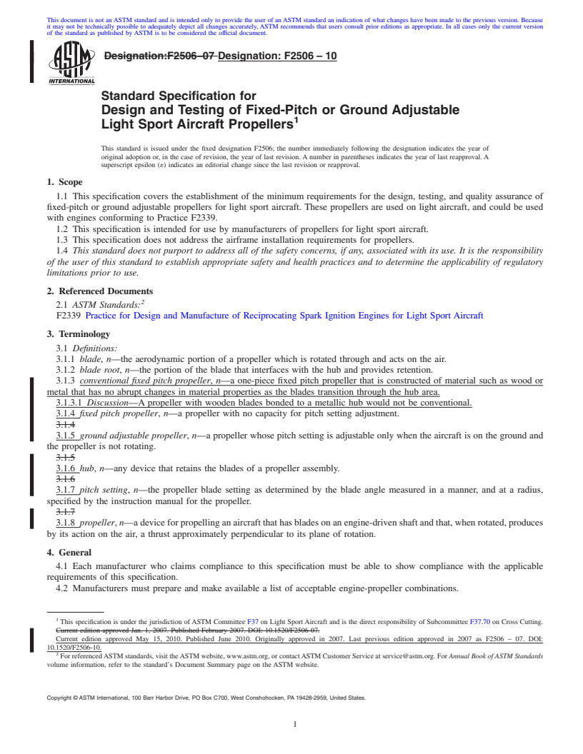 REDLINE ASTM F2506-10 - Standard Specification for Design and Testing of Fixed-Pitch or Ground Adjustable Light Sport Aircraft Propellers