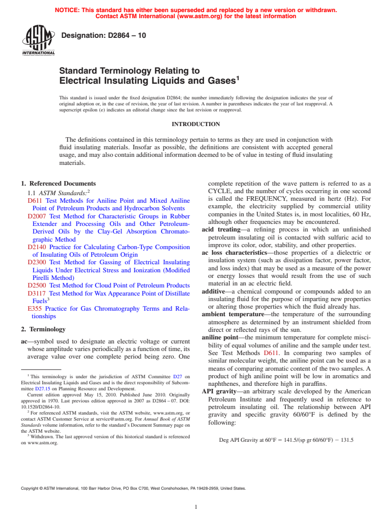 ASTM D2864-10 - Standard Terminology Relating to Electrical Insulating Liquids and Gases