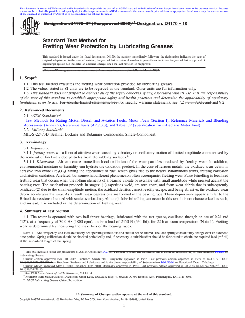 REDLINE ASTM D4170-10 - Standard Test Method for Fretting Wear Protection by Lubricating Greases