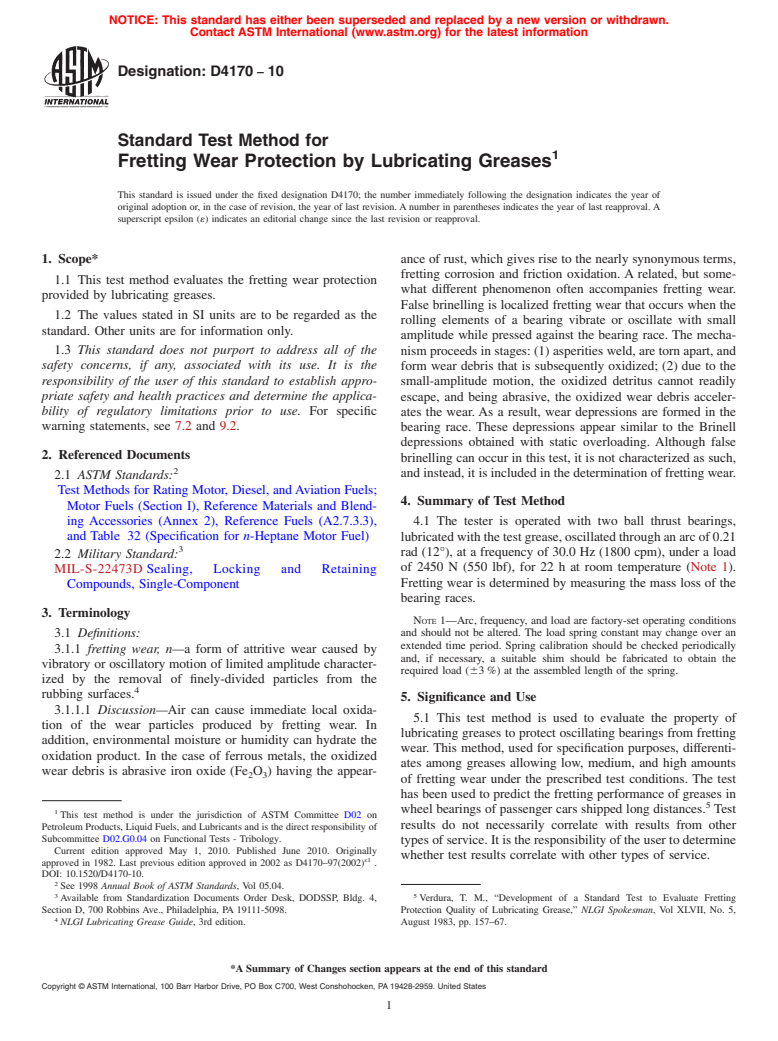 ASTM D4170-10 - Standard Test Method for Fretting Wear Protection by Lubricating Greases