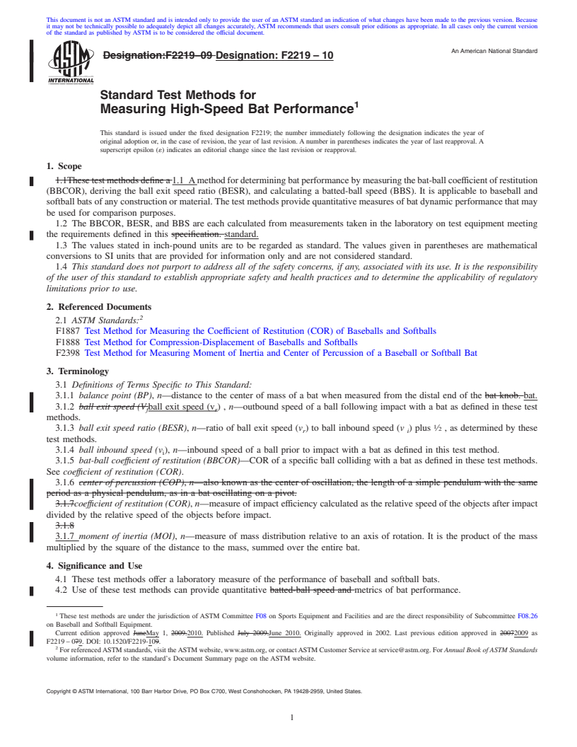 REDLINE ASTM F2219-10 - Standard Test Methods for Measuring High-Speed Bat Performance