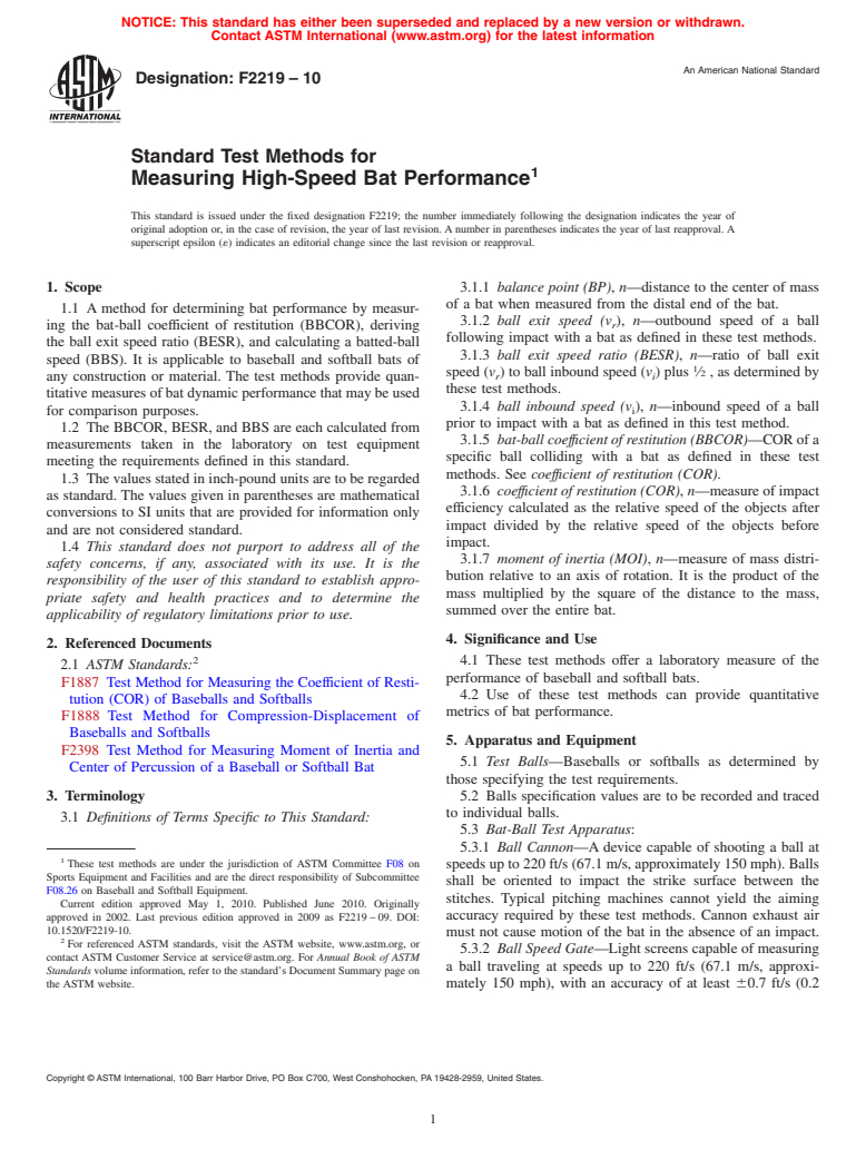 ASTM F2219-10 - Standard Test Methods for Measuring High-Speed Bat Performance