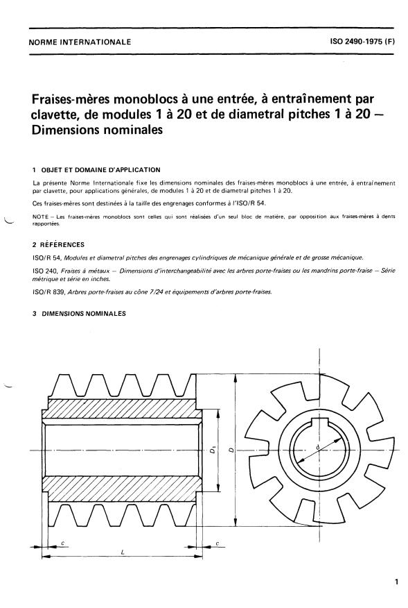 ISO 2490:1975 - Fraises-meres monoblocs a une entrée, a entraînement par clavette, de modules 1 a 20 et de diamétral pitches 1 a 20 -- Dimensions nominales