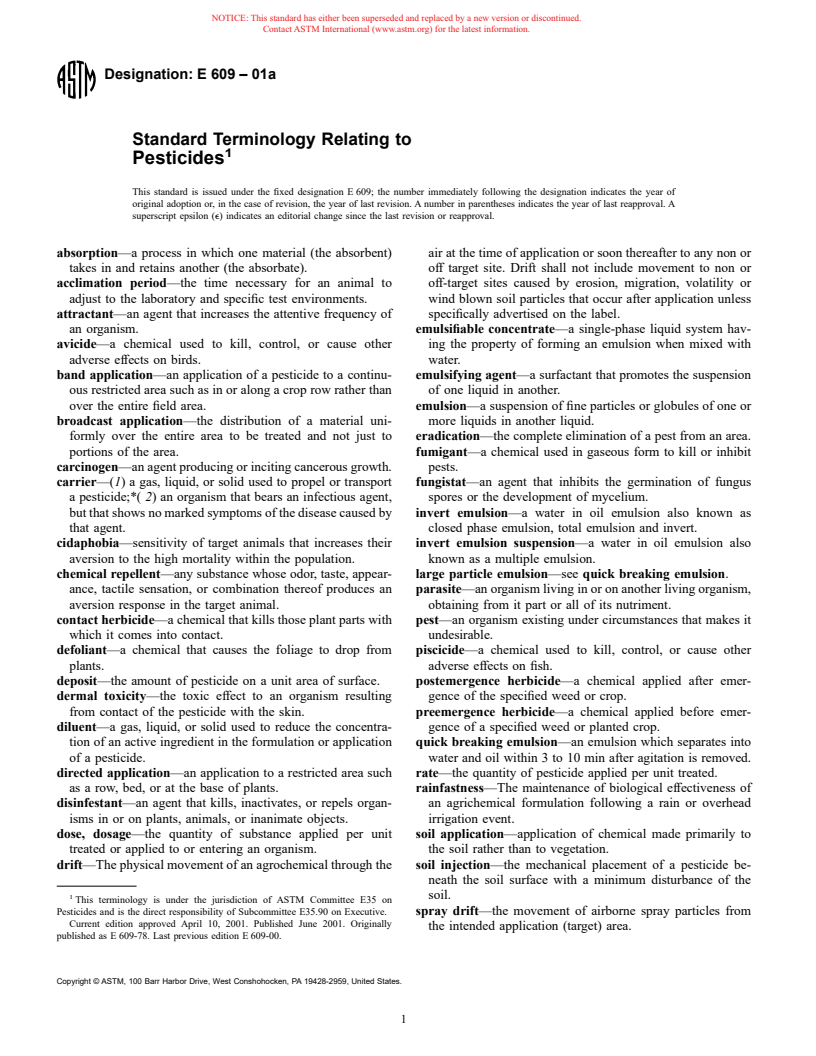 ASTM E609-01a - Standard Terminology Relating to Pesticides