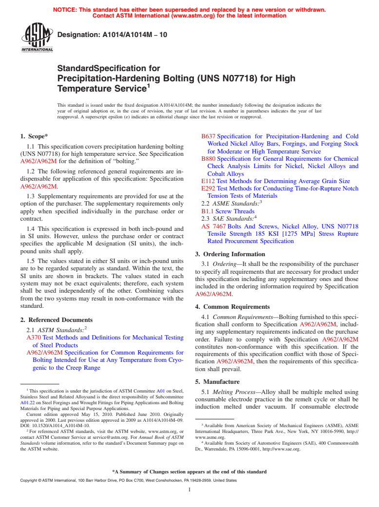 ASTM A1014/A1014M-10 - Standard Specification for Precipitation-Hardening Bolting (UNS N07718) for High Temperature Service