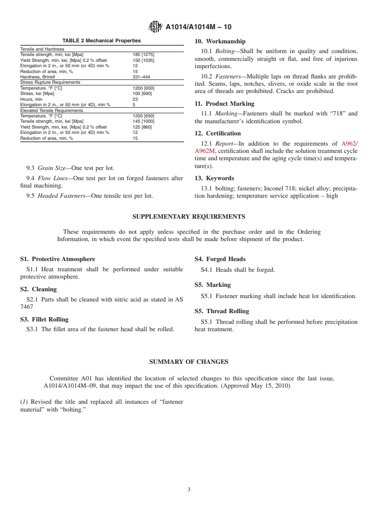 ASTM A1014/A1014M-10 - Standard Specification for Precipitation-Hardening Bolting (UNS N07718) for High Temperature Service