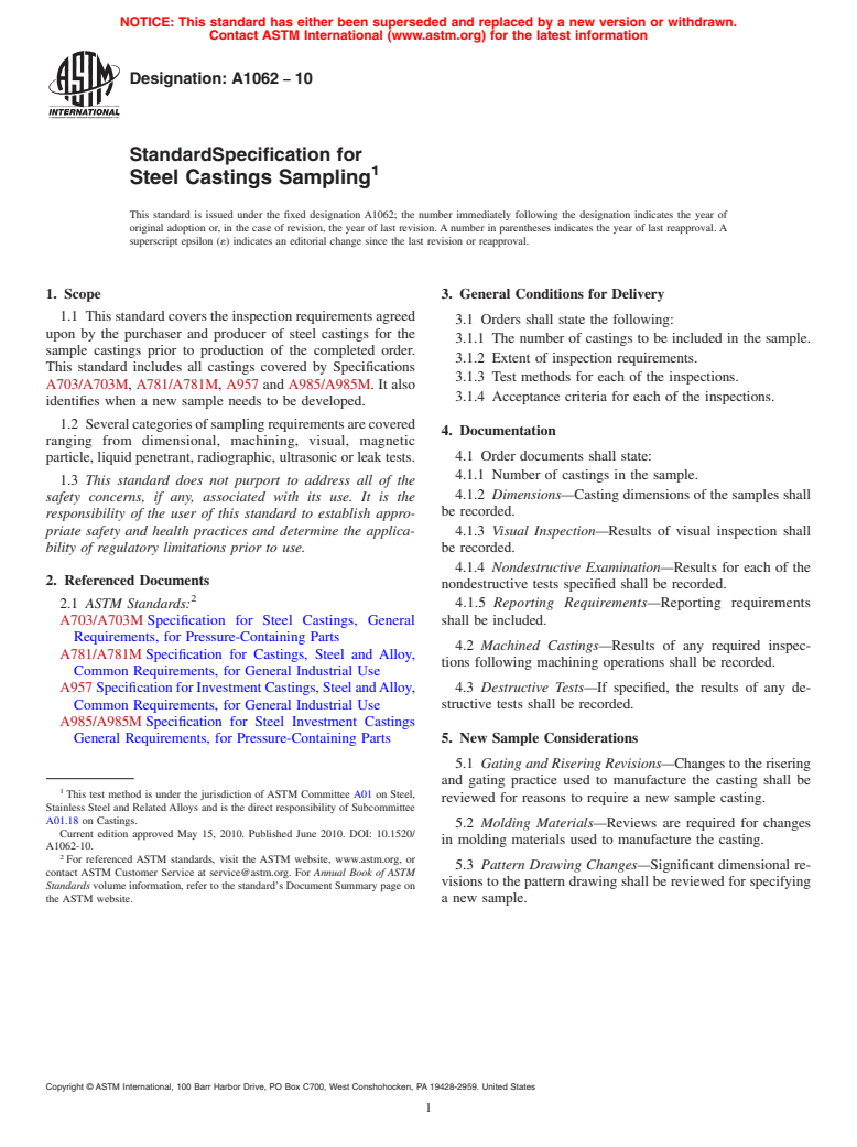 ASTM A1062-10 - Standard Specification for Steel Castings Sampling