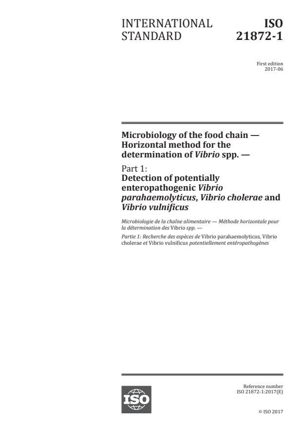 ISO 21872-1:2017 - Microbiology of the food chain -- Horizontal method for the determination of Vibrio spp.