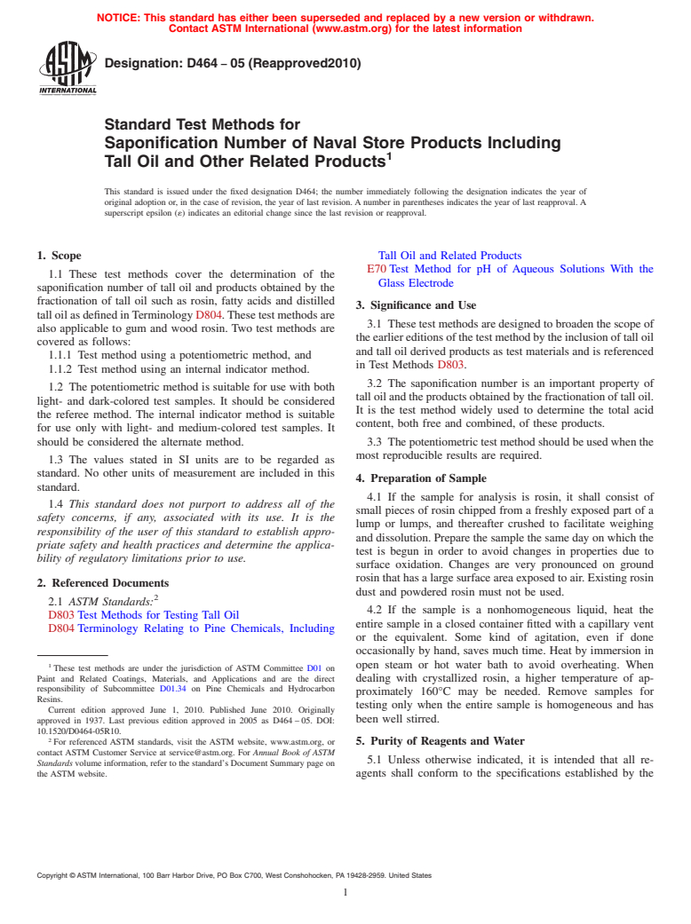 ASTM D464-05(2010) - Standard Test Methods for Saponification Number of Naval Store Products Including Tall Oil and Other Related Products