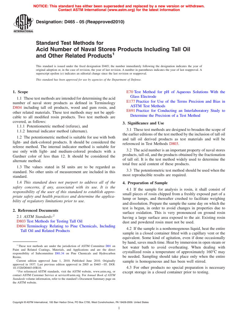 ASTM D465-05(2010) - Standard Test Methods for Acid Number of Naval Stores Products Including Tall Oil and Other Related Products