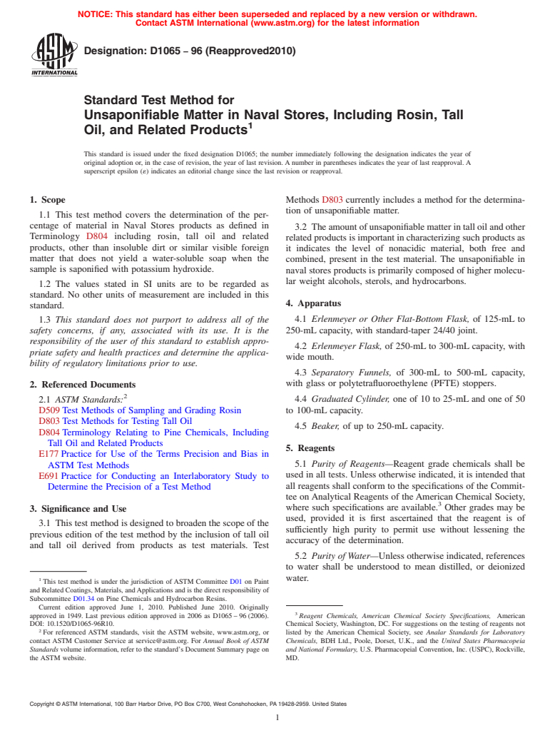 ASTM D1065-96(2010) - Standard Test Method for Unsaponifiable Matter in Naval Stores, Including Rosin, Tall Oil, and Related Products