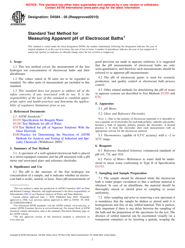 ASTM D4584-05(2010) - Standard Test Method for Measuring Apparent pH of Electrocoat Baths