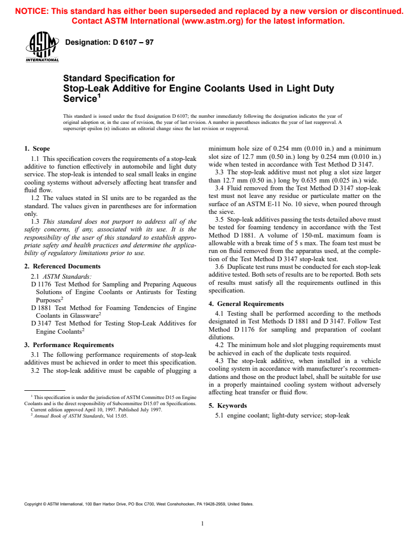 ASTM D6107-97 - Standard Specification for Stop-Leak Additive for Engine Coolants Used in Light Duty Service