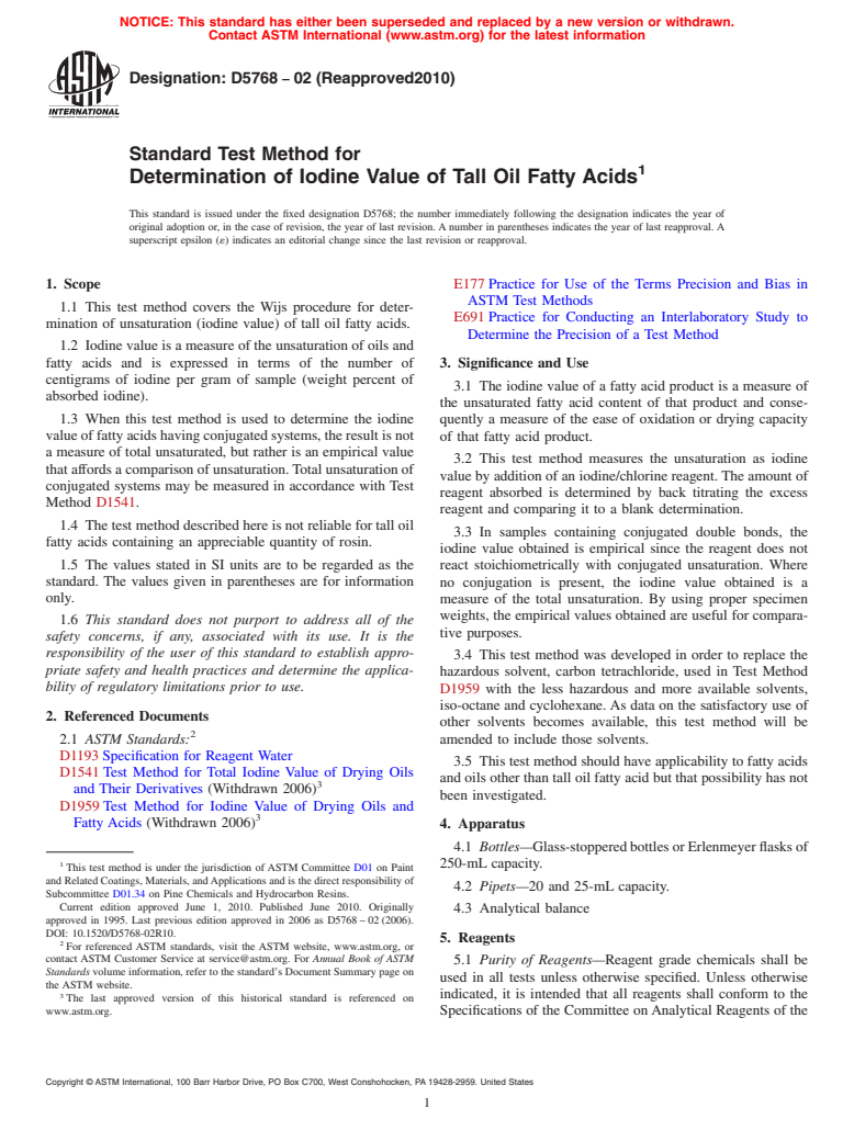 ASTM D5768-02(2010) - Standard Test Method for Determination of Iodine Value of Tall Oil Fatty Acids