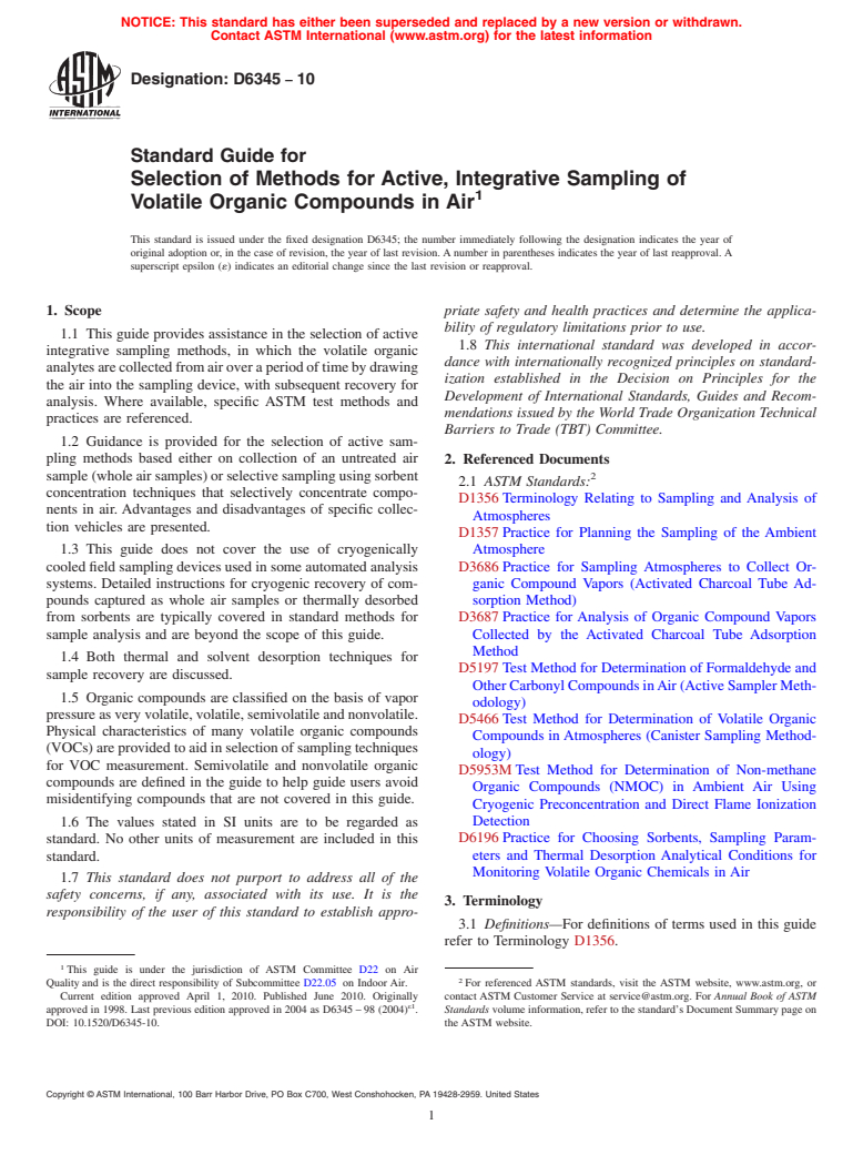 ASTM D6345-10 - Standard Guide for Selection of Methods for Active, Integrative Sampling of Volatile Organic Compounds in Air (Withdrawn 2018)