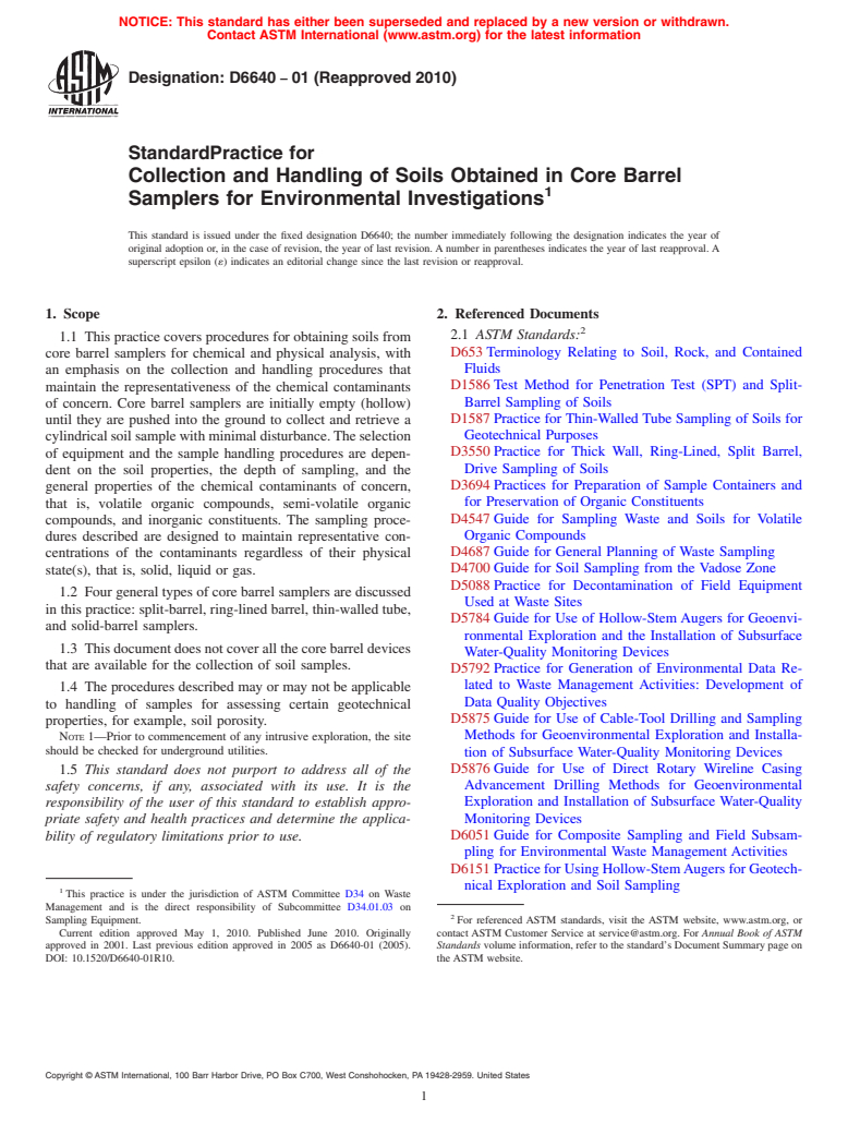 ASTM D6640-01(2010) - Standard Practice for Collection and Handling of Soils Obtained in Core Barrel Samplers for Environmental Investigations