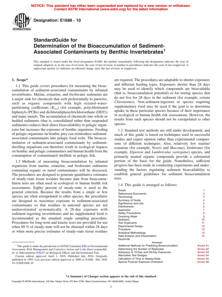 ASTM E1688-10 - Standard Guide for Determination of the Bioaccumulation of Sediment-Associated Contaminants by Benthic Invertebrates
