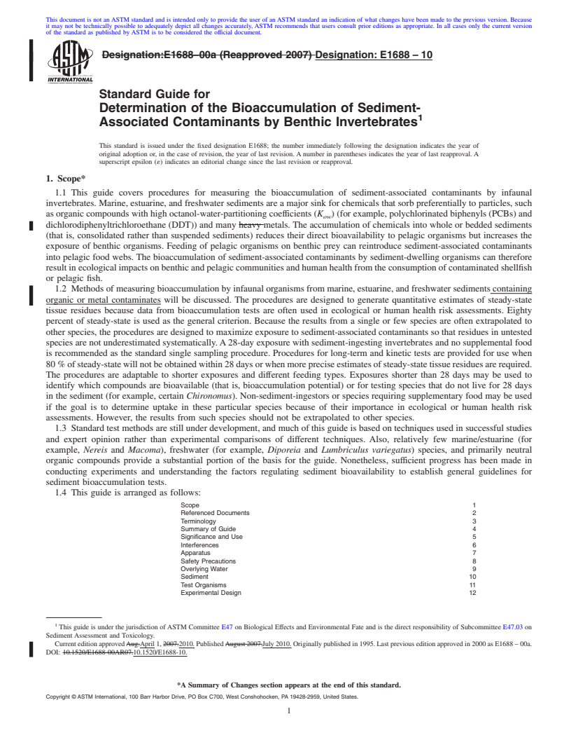 REDLINE ASTM E1688-10 - Standard Guide for Determination of the Bioaccumulation of Sediment-Associated Contaminants by Benthic Invertebrates