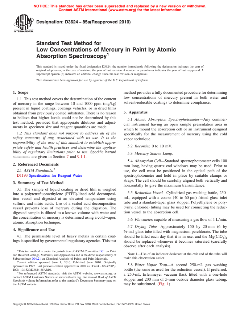 ASTM D3624-85a(2010) - Standard Test Method for Low Concentrations of Mercury in Paint by Atomic Absorption Spectroscopy