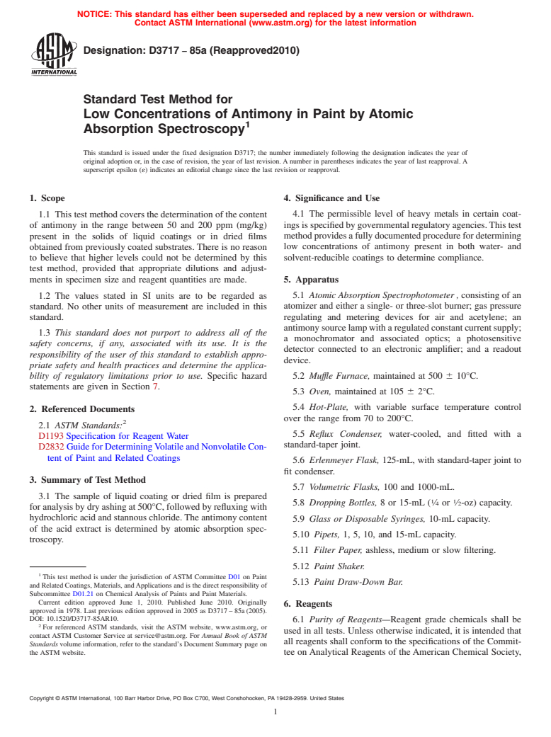 ASTM D3717-85a(2010) - Standard Test Method for Low Concentrations of Antimony in Paint by Atomic Absorption Spectroscopy