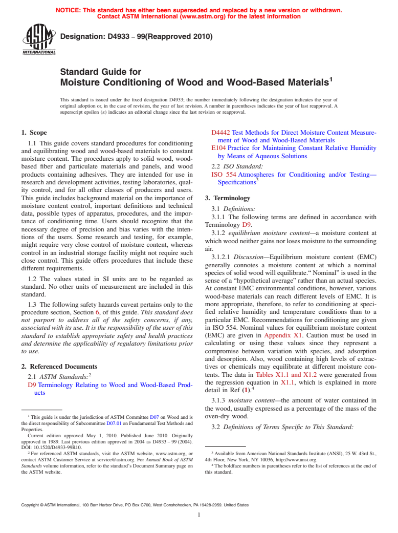 ASTM D4933-99(2010) - Standard Guide for Moisture Conditioning of Wood and Wood-Base Materials