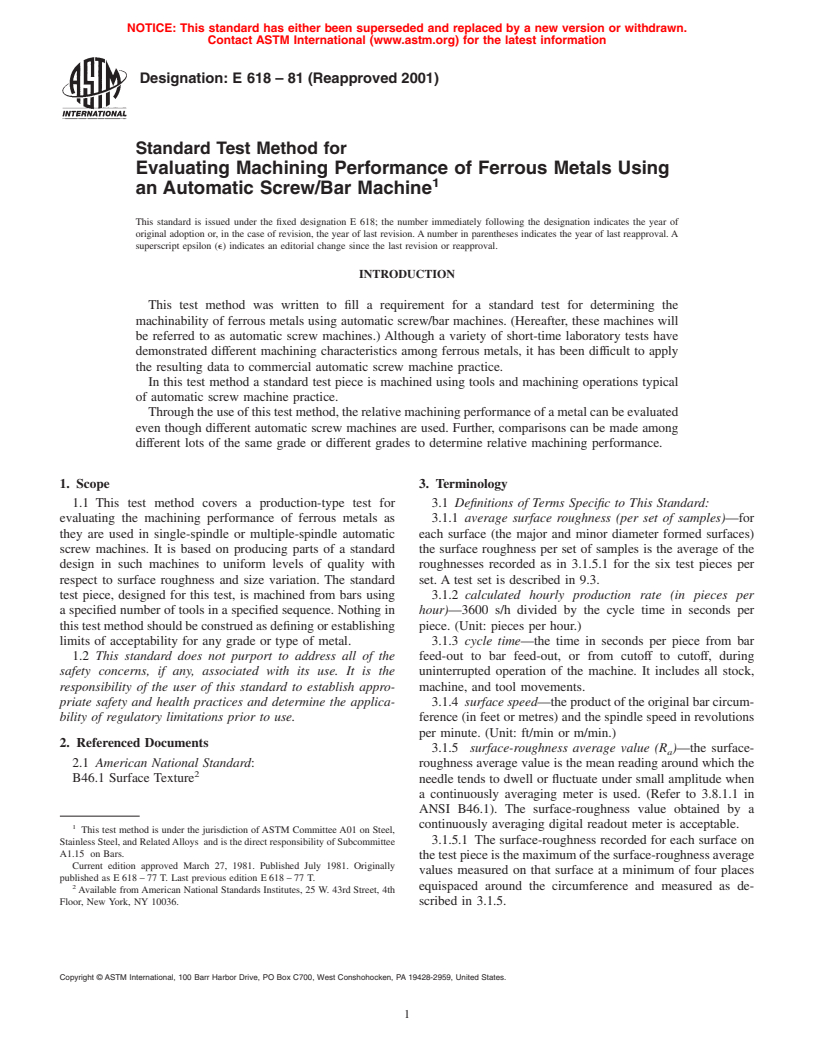 ASTM E618-81(2001) - Standard Method for Evaluating Machining Performance of Ferrous Metals Using an Automatic Screw/Bar Machine