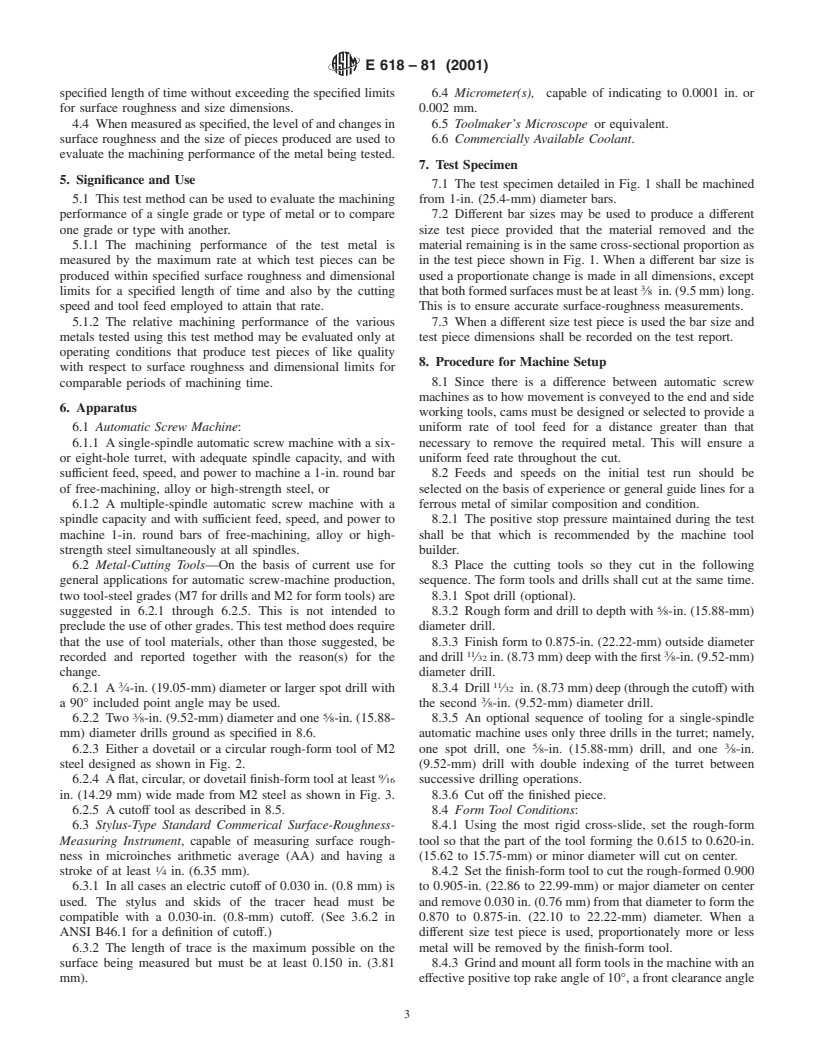 ASTM E618-81(2001) - Standard Method for Evaluating Machining Performance of Ferrous Metals Using an Automatic Screw/Bar Machine