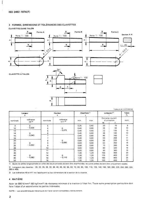 ISO 2492:1974 ISO 2492:1974 - Clavetage par clavettes inclinées minces, avec ou sans talon (Dimensions en millimetres) - Page 4 preview
