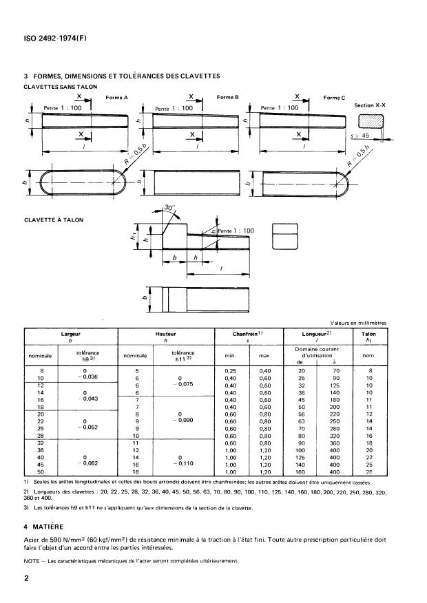 ISO 2492:1974 ISO 2492:1974 - Clavetage par clavettes inclinées minces, avec ou sans talon (Dimensions en millimetres) - Page 4 preview