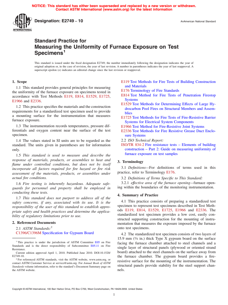 ASTM E2749-10 - Standard Practice for Measuring the Uniformity of Furnace Exposure on Test Specimens