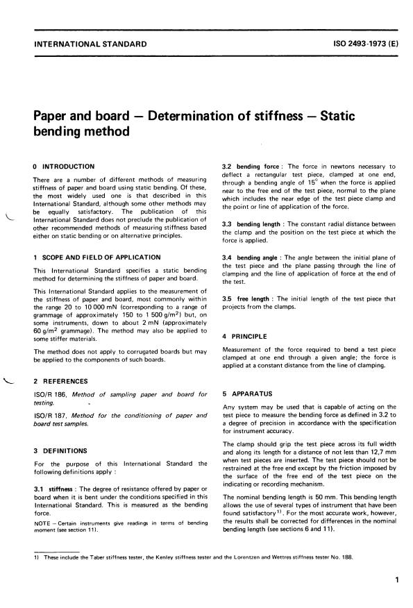 ISO 2493:1973 - Paper and board -- Determination of stiffness -- Static bending method