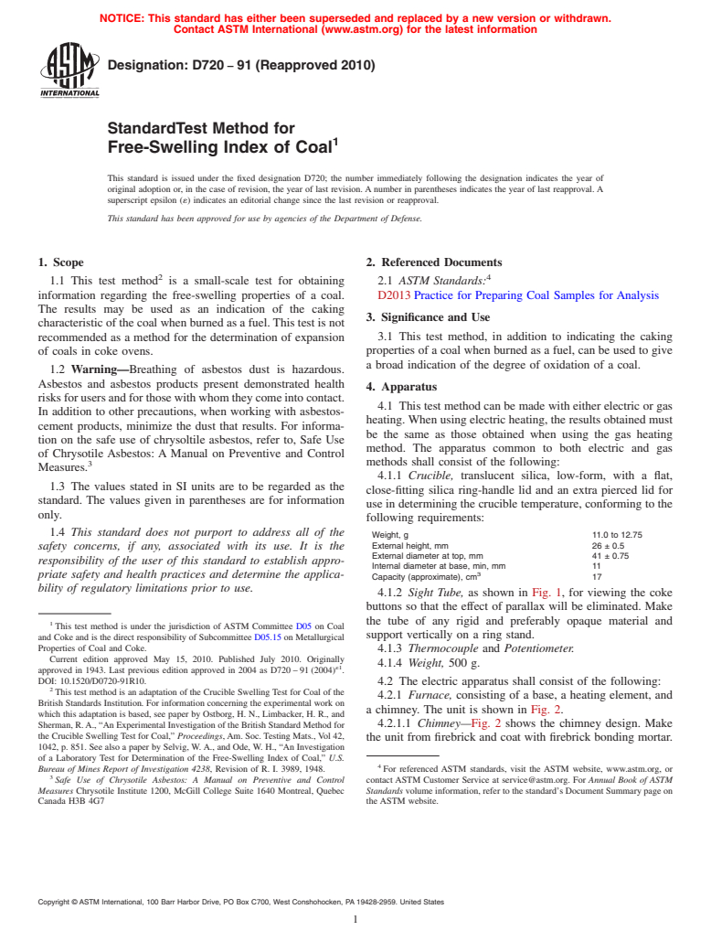 ASTM D720-91(2010) - Standard Test Method for Free-Swelling Index of Coal