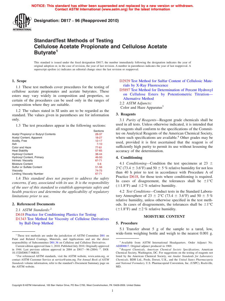 ASTM D817-96(2010) - Standard Test Methods of Testing Cellulose Acetate Propionate and Cellulose Acetate Butyrate