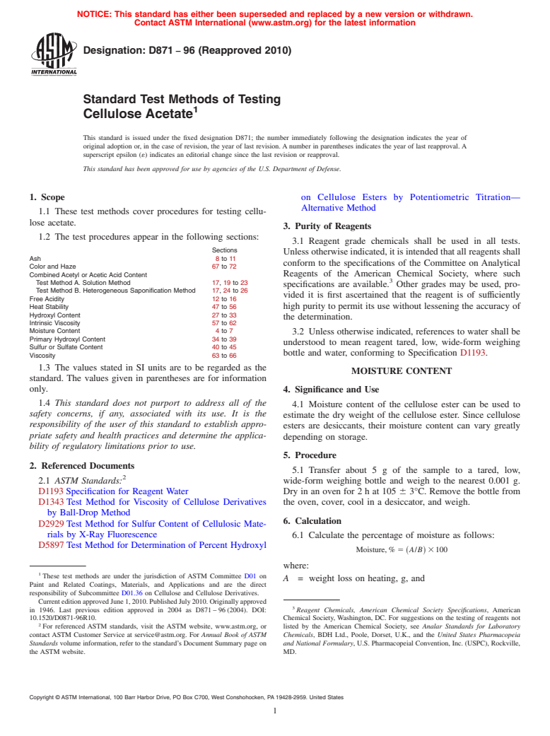 ASTM D871-96(2010) - Standard Test Methods of Testing Cellulose Acetate