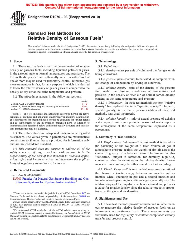 ASTM D1070-03(2010) - Standard Test Methods for Relative Density of Gaseous Fuels