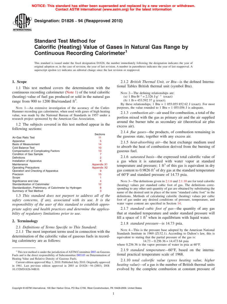 ASTM D1826-94(2010) - Standard Test Method for Calorific (Heating) Value of Gases in Natural Gas Range by Continuous Recording Calorimeter