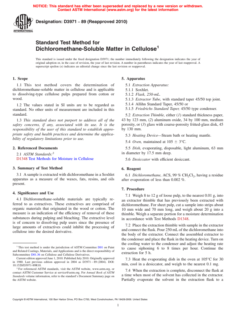 ASTM D3971-89(2010) - Standard Test Method for Dichloromethane-Soluble Matter in Cellulose