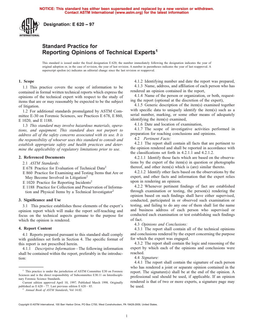 ASTM E620-97 - Standard Practice for Reporting Opinions of Technical Experts