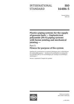 ISO 16486-5:2021 ISO 16486-5:2021 - Plastics piping systems for the supply of gaseous fuels — Unplasticized polyamide (PA-U) piping systems with fusion jointing and mechanical jointing — Part 5: Fitness for purpose of the system
Released:5/11/2021 - Page 1 preview